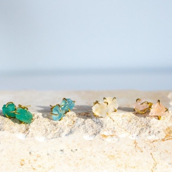 BUNDLE GENUINE AQUAMARINE Stud Earrings & Aquamarine Bracelet non-tarnish Gold - Picture 12 of 15